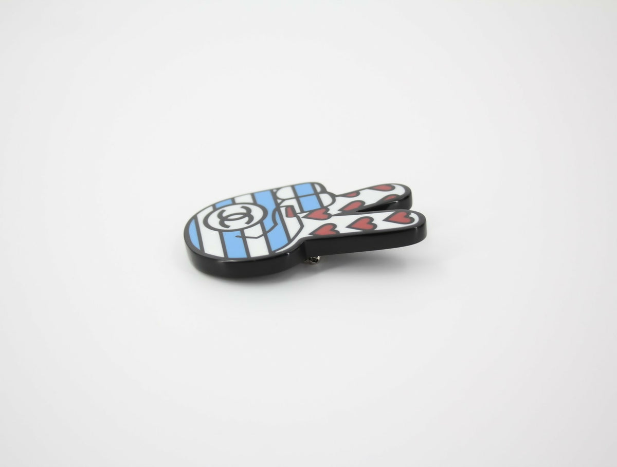 Chanel 16K Resin F "Victory Sign" Brooch in Blue White and Red