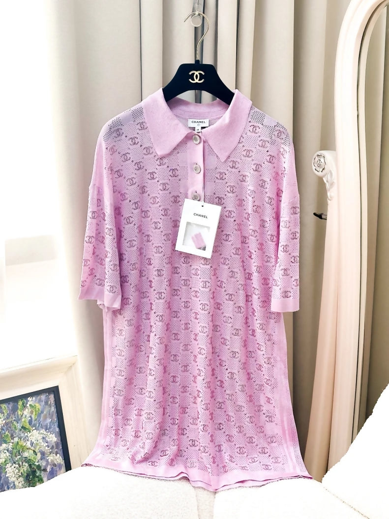 Chanel 23P pink polo dress with full rhinestone double C logo print
