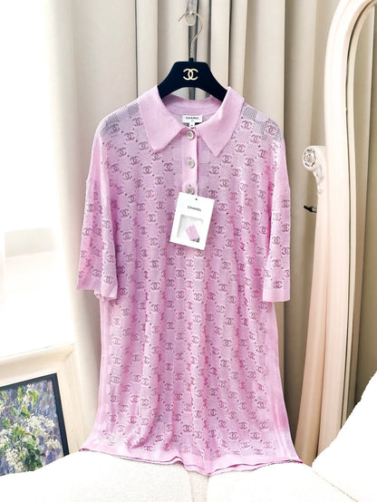 Chanel 23P pink polo dress with full rhinestone double C logo print
