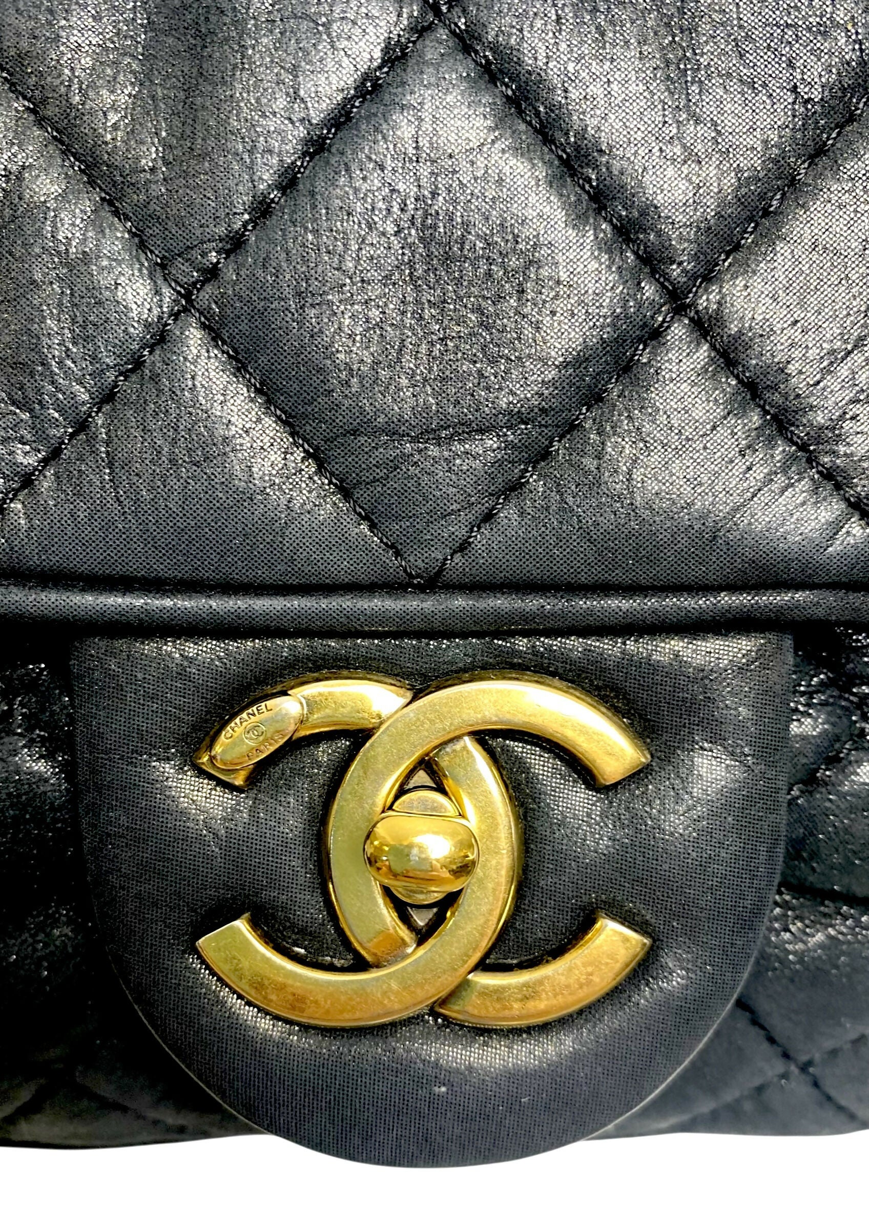 Chanel Black Quilted Iridescent Calfskin Shiva Jumbo Classic Flap