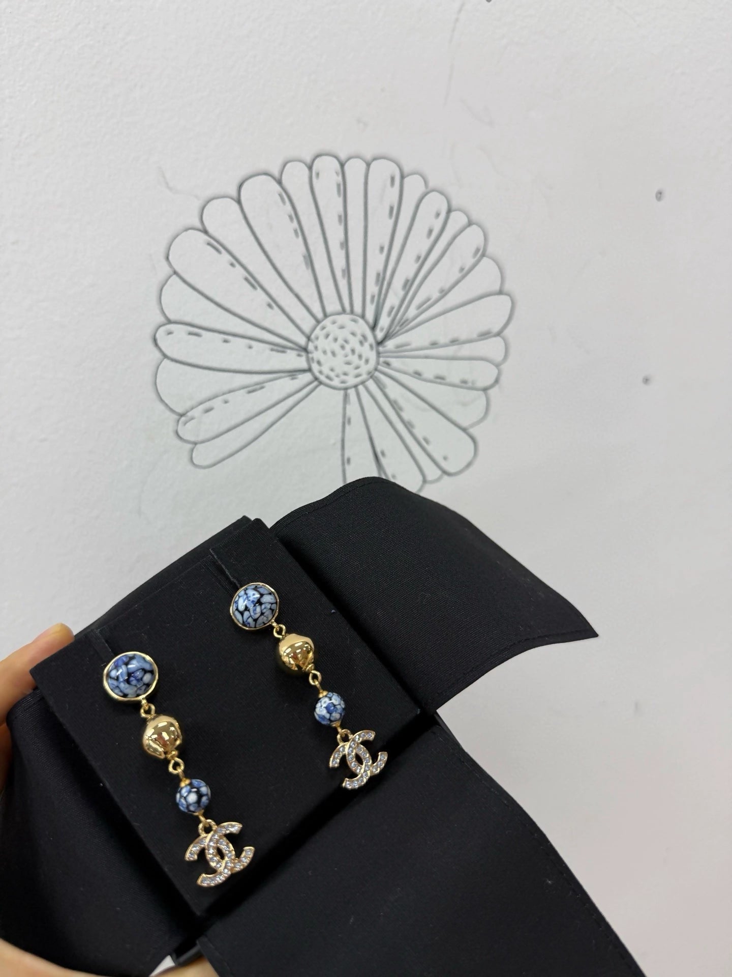 Chanel 25A Blue and White Gold Ball Double C Pendant Earrings