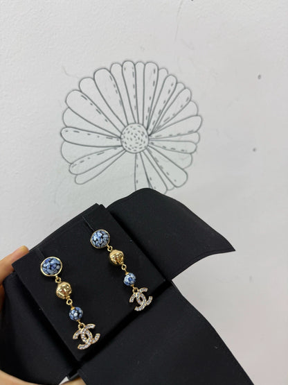 Chanel 25A Blue and White Gold Ball Double C Pendant Earrings