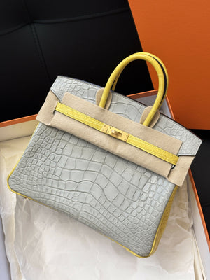 Hermès Birkin 25 Gris Perle & Marigold Matte Crocodile with Brushed Gold Hardware
