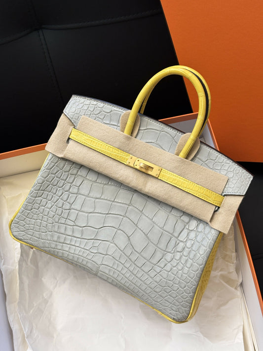 Hermès Birkin 25 Gris Perle & Marigold Matte Crocodile with Brushed Gold Hardware