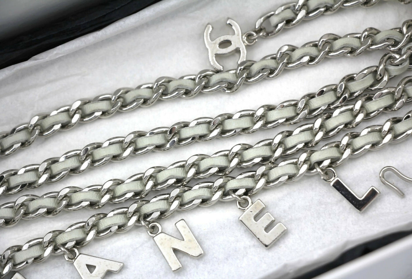 Chanel Vintage 09C Leather-threaded Metal Olive Green and Silver Waist Chain L91