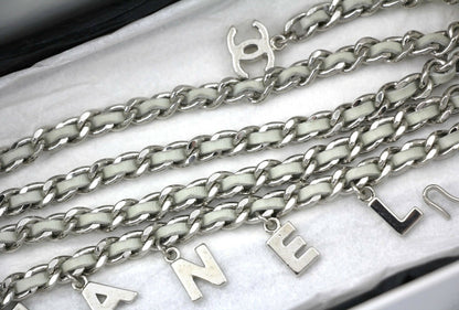 Chanel Vintage 09C Leather-threaded Metal Olive Green and Silver Waist Chain L91