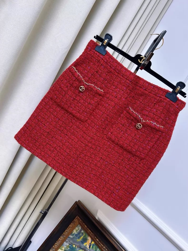Chanel 23B red tweed skirt with gold buttons