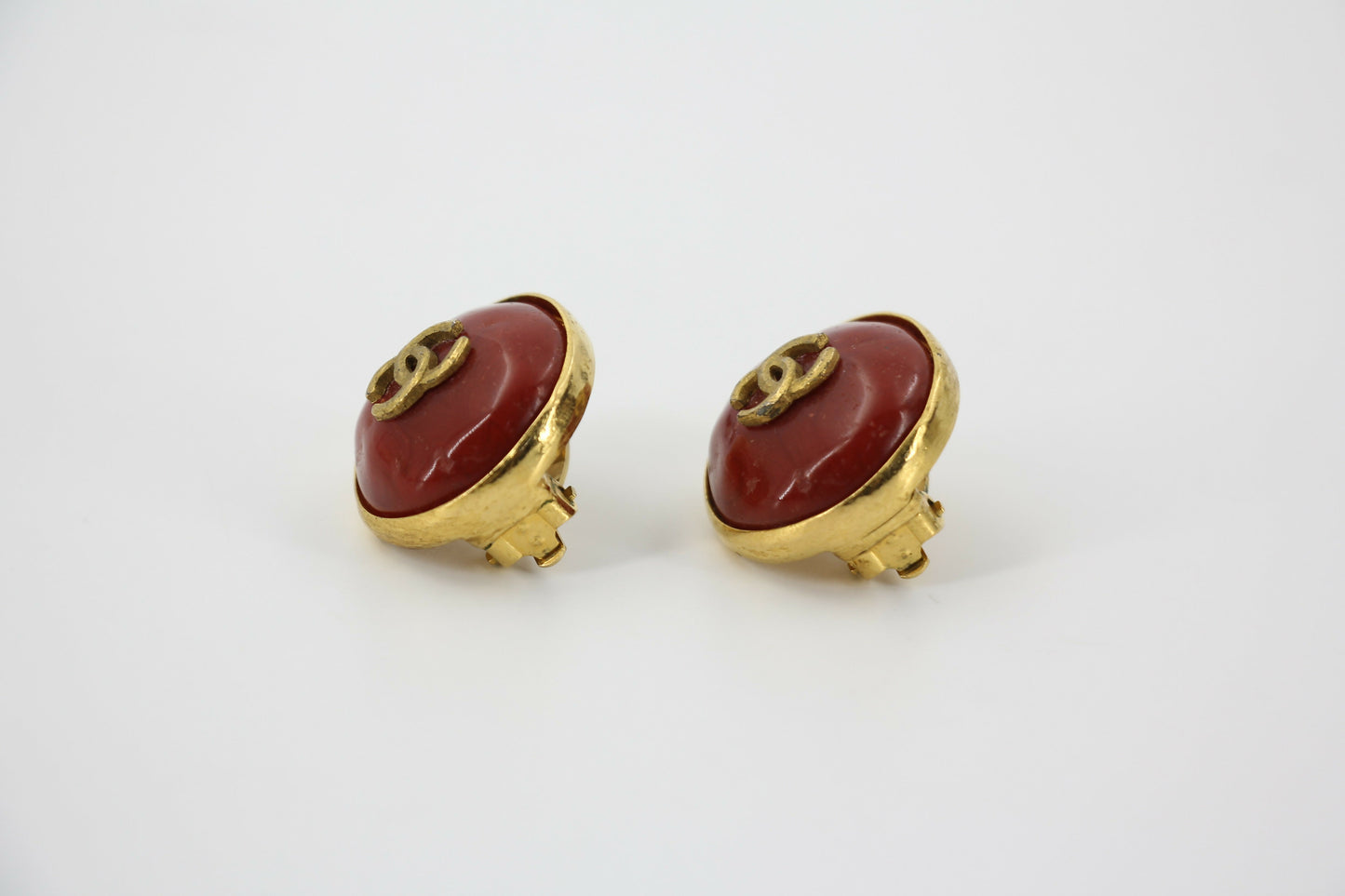 Chanel Vintage 98P Imitation Beeswax Red & Gold-Tone CC Clip-On Earrings