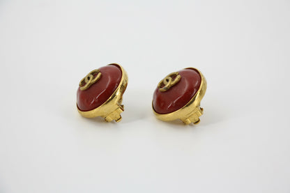 Chanel Vintage 98P Imitation Beeswax Red & Gold-Tone CC Clip-On Earrings