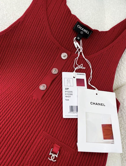 Chanel 22ss red rhinestone knitted top