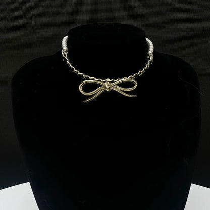 Chanel 22s bow pearl leather chain choker necklace