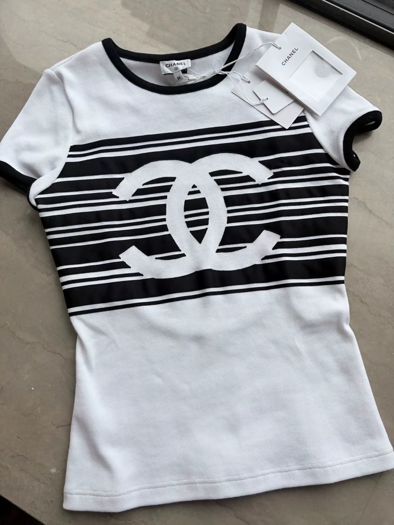 Chanel 23c black and white striped t-shirt