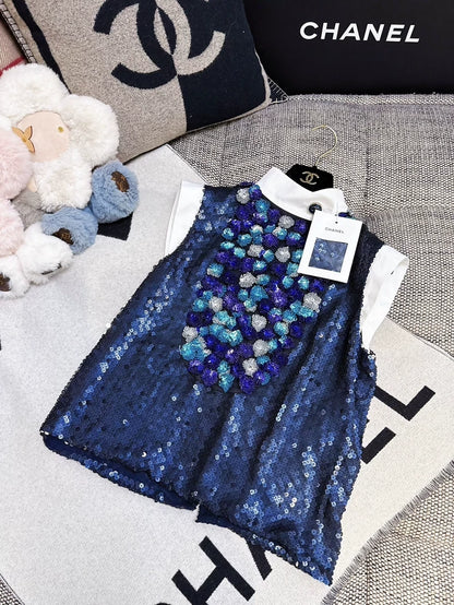 Chanel 23C Blue Sequined Silver Purple Floral Top