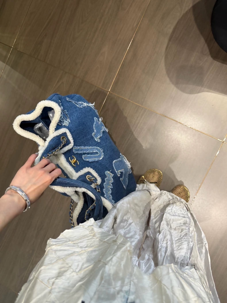 Chanel 19A shopping bag in patchwork denim and shearling