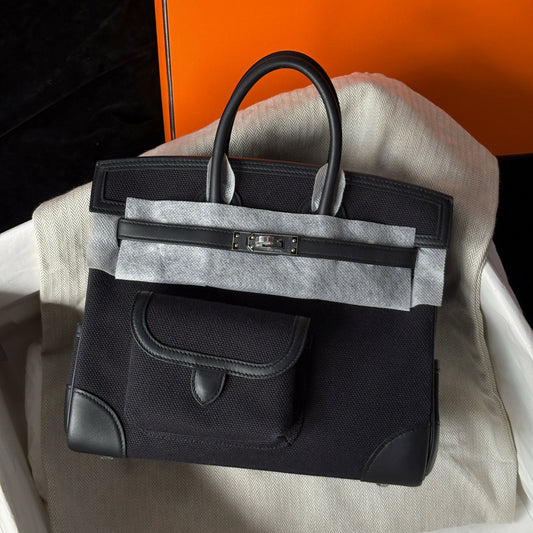 Hermès Birkin 25 Cargo Noir Toile Goéland & Swift with Palladium Hardware