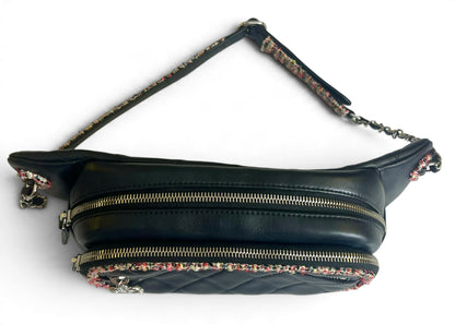 Chanel 19S Black Leather Multicolor Tweed Trim Quilted Waist Belt Bag