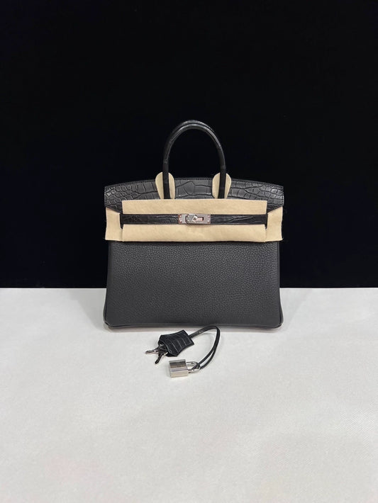 Hermes Birkin 25 Touch black togo matte crocodile leather with palladium hardware