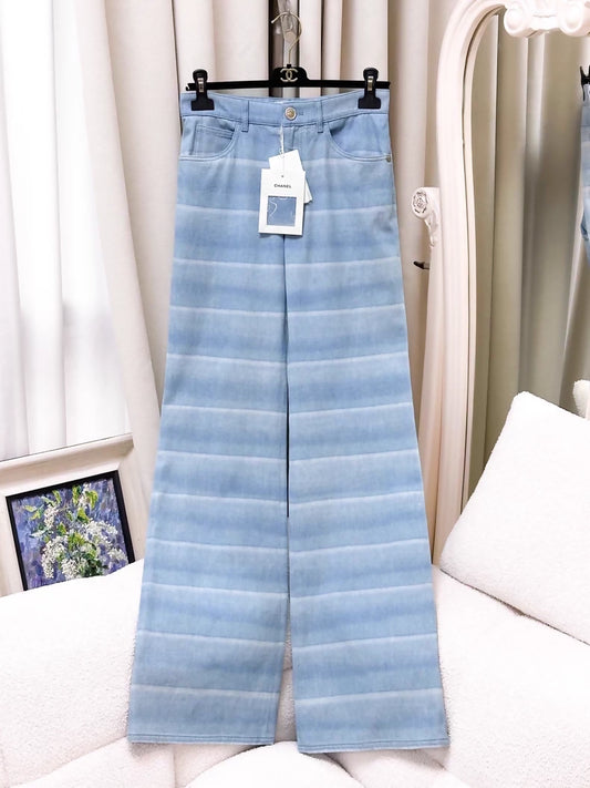 Chanel 26C flared jeans in blue and white shimmering gradient stripes