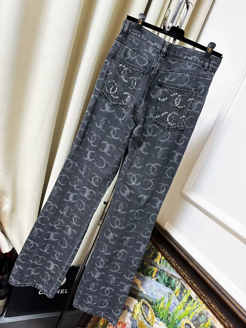 Chanel 23B black and gray graffiti double C logo straight jeans