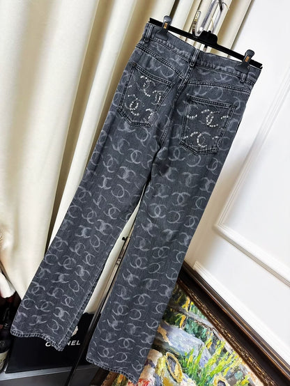 Chanel 23B black and gray graffiti double C logo straight jeans