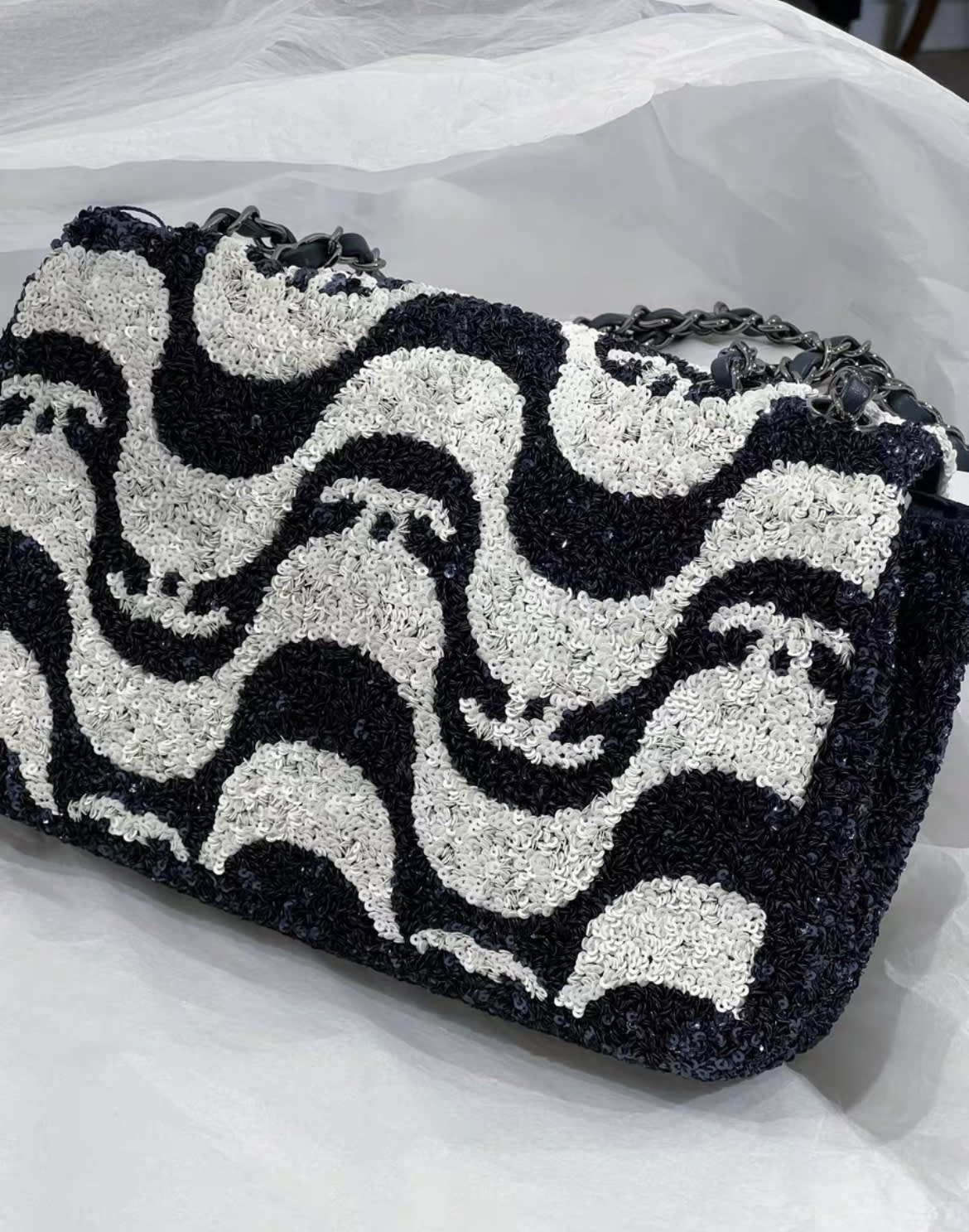 Chanel 21C Black and White Sequin Graffiti Logo Medium Classic