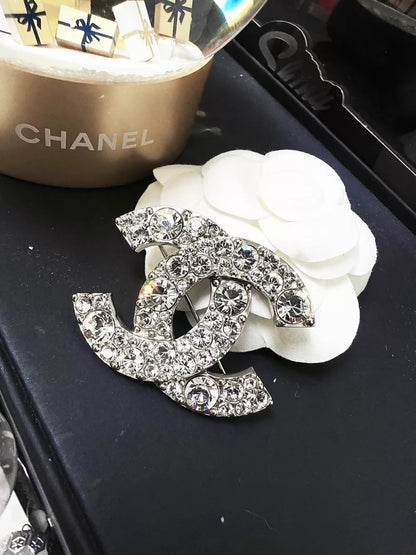 Chanel 12W double C full diamond silver logo brooch