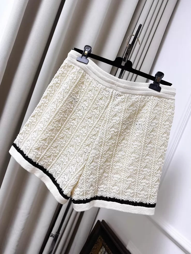 Chanel 24P Beige Lace Embroidered Logo Knit Shorts
