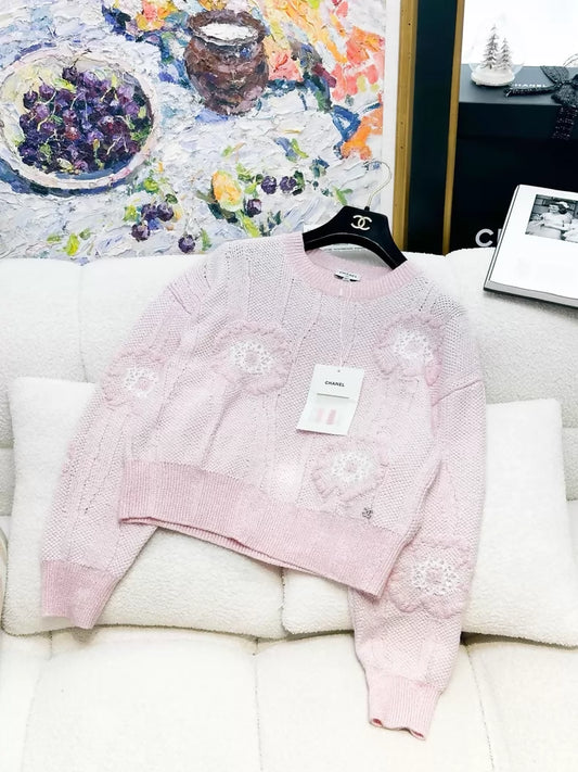 Chanel 23S pink top with camellia logo embroidery