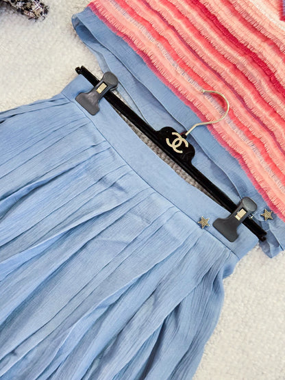 Chanel 2014 Paris Dallas runway Pink Blue silk top and skirt