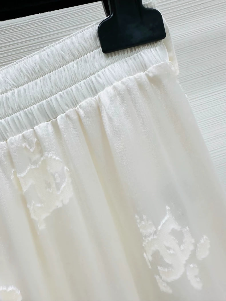 Chanel 22A beige silk jacquard logo midi skirt