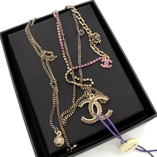 Chanel pink diamond multi-layered chain necklace