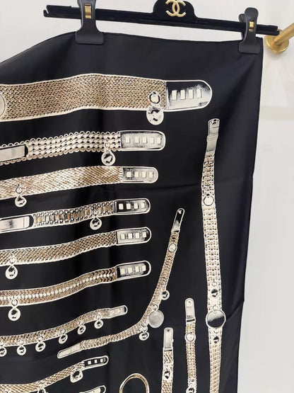 Limited edition Hermes scarf, 90×90cm, hand-embroidered with beading and sequins, silver chain embroidery design