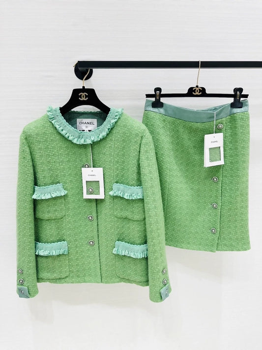 Chanel 24A green tweed jacket and skirt set