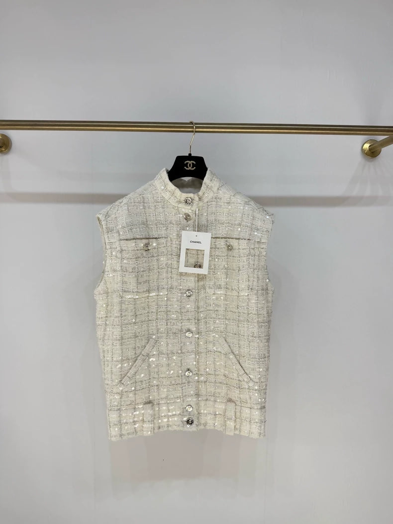 Chanel 25S Ecru Tweed Sequin Cardigan