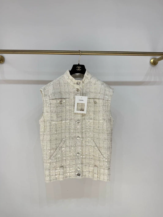 Chanel 25S Ecru Tweed Sequin Cardigan