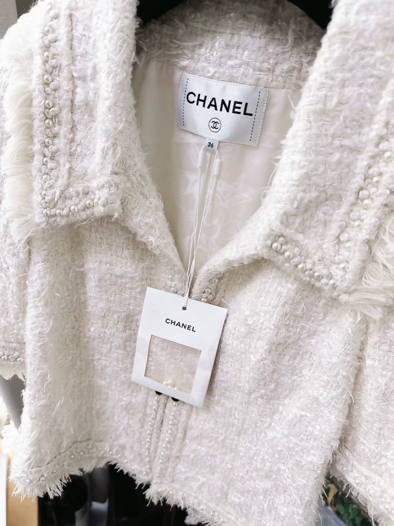 Chanel off-white fringed glass buckle jacket