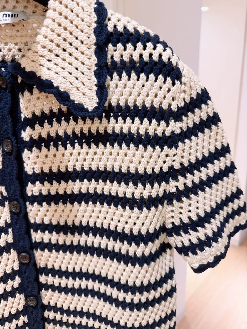 Miu Miu white and blue striped knit cardigan