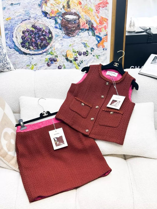 Chanel 24A red tweed vest and skirt set