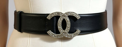 Chanel 08A London Black Caviar Leather Silver CC Charm Emblems Belt Size 95/38