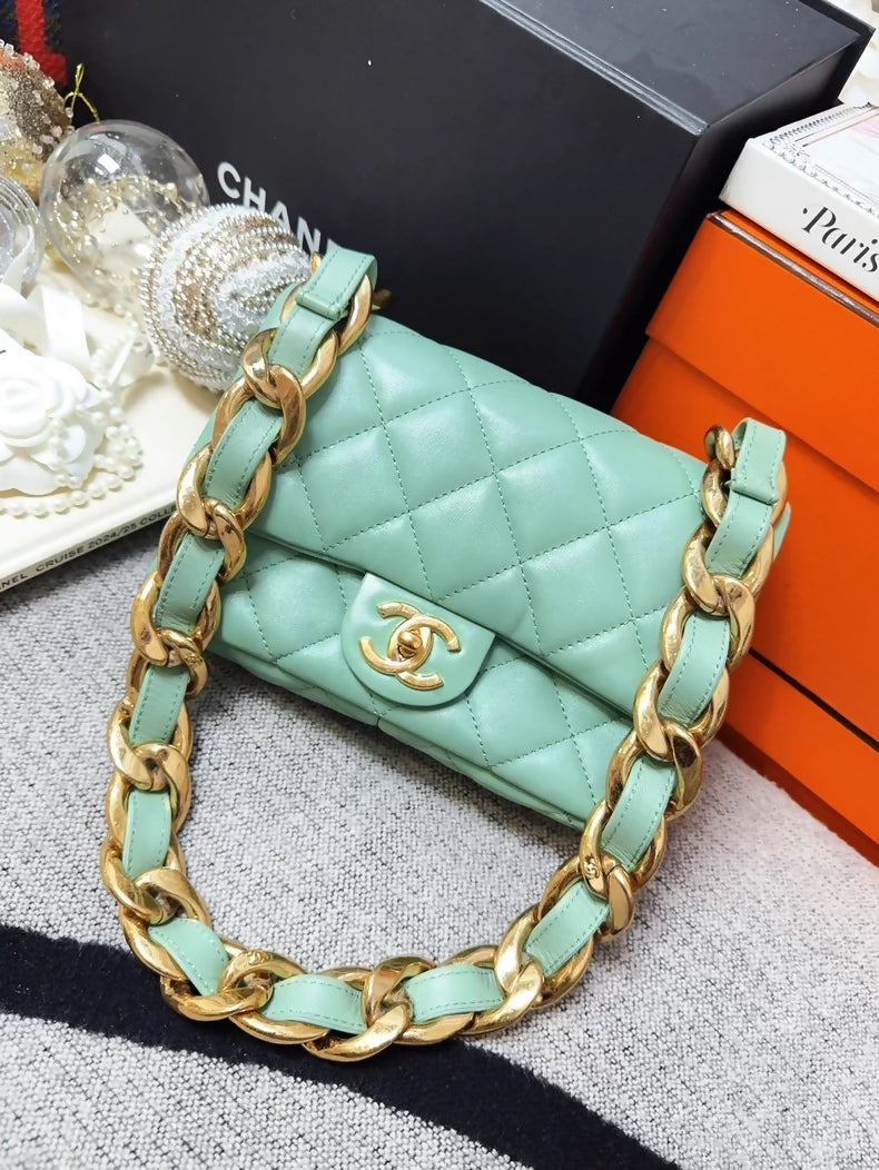 Chanel 23P mint green square shoulder bag with gold chunky chain