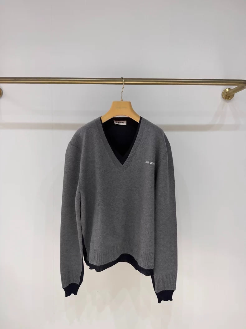 Miu miu V-neck layered cashmere knit sweater,