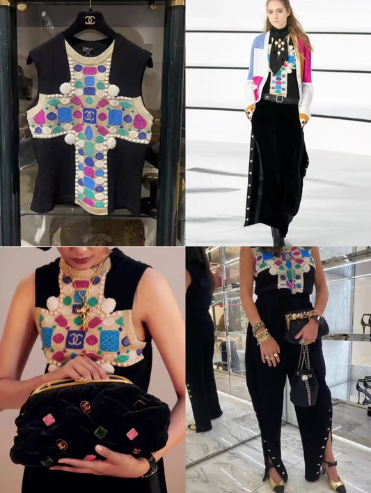 Chanel 20K black/gold/multicolor CC cross top