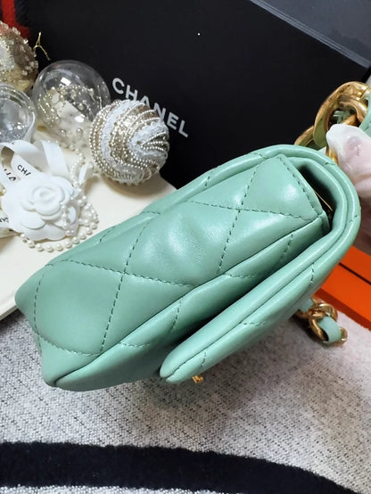 Chanel 23P mint green square shoulder bag with gold chunky chain