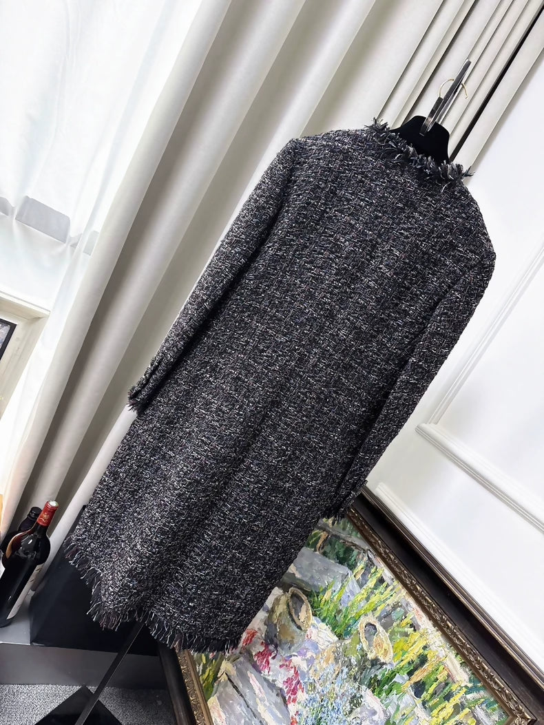 Chanel 19K grey Mixed Color Tweed Fringed Long Coat