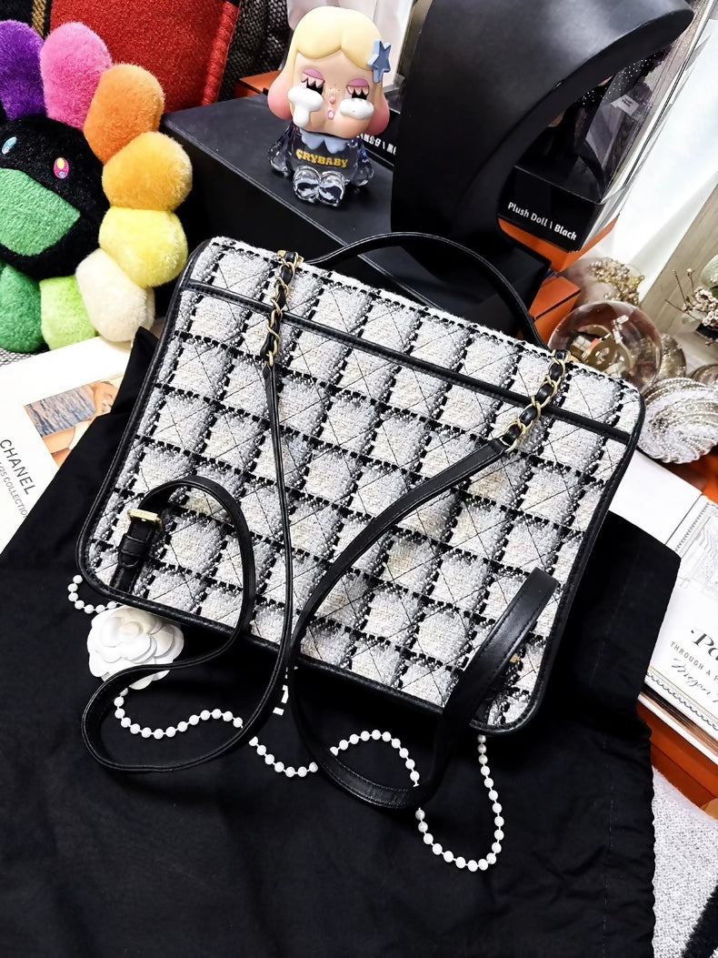 Chanel 22K Black and White Checkered Tweed Messenger Bag