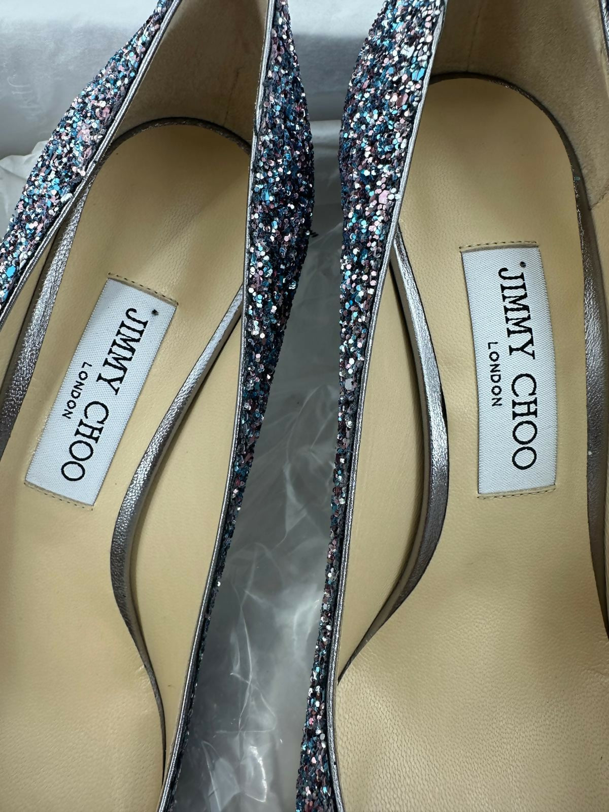 Jimmy Choo Romy Light Blue Multicolour Glitter Pumps Size 38.5