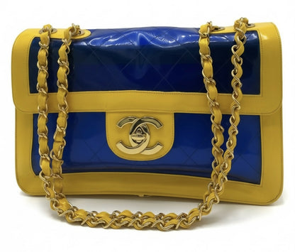 Chanel Ultra Rare 1995 Barbie Collection Yellow Blue Maxi PVC Vinyl Patent Flap Bag