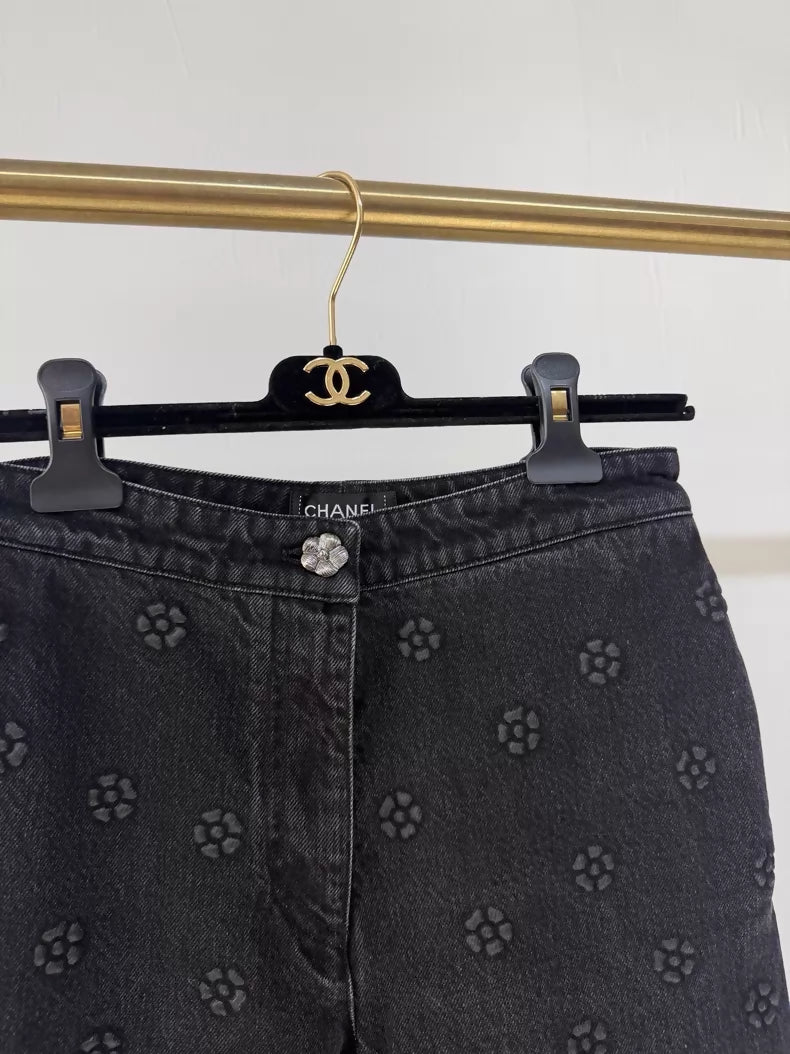 Chanel 23K Black Embossed Camellia Straight Leg Jeans