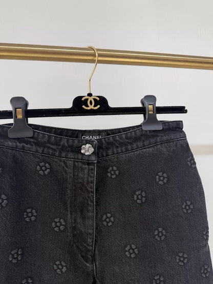 Chanel 23K Black Embossed Camellia Straight Leg Jeans