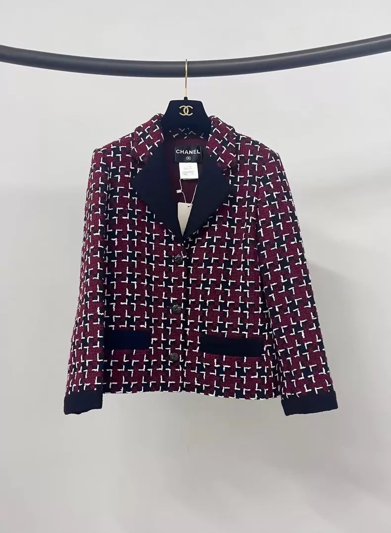 Chanel red plaid tweed suit